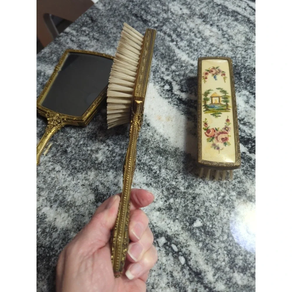 Vintage Floral Tapestry Back Gold Filigree Mirror & 2 Brush Vanity Set